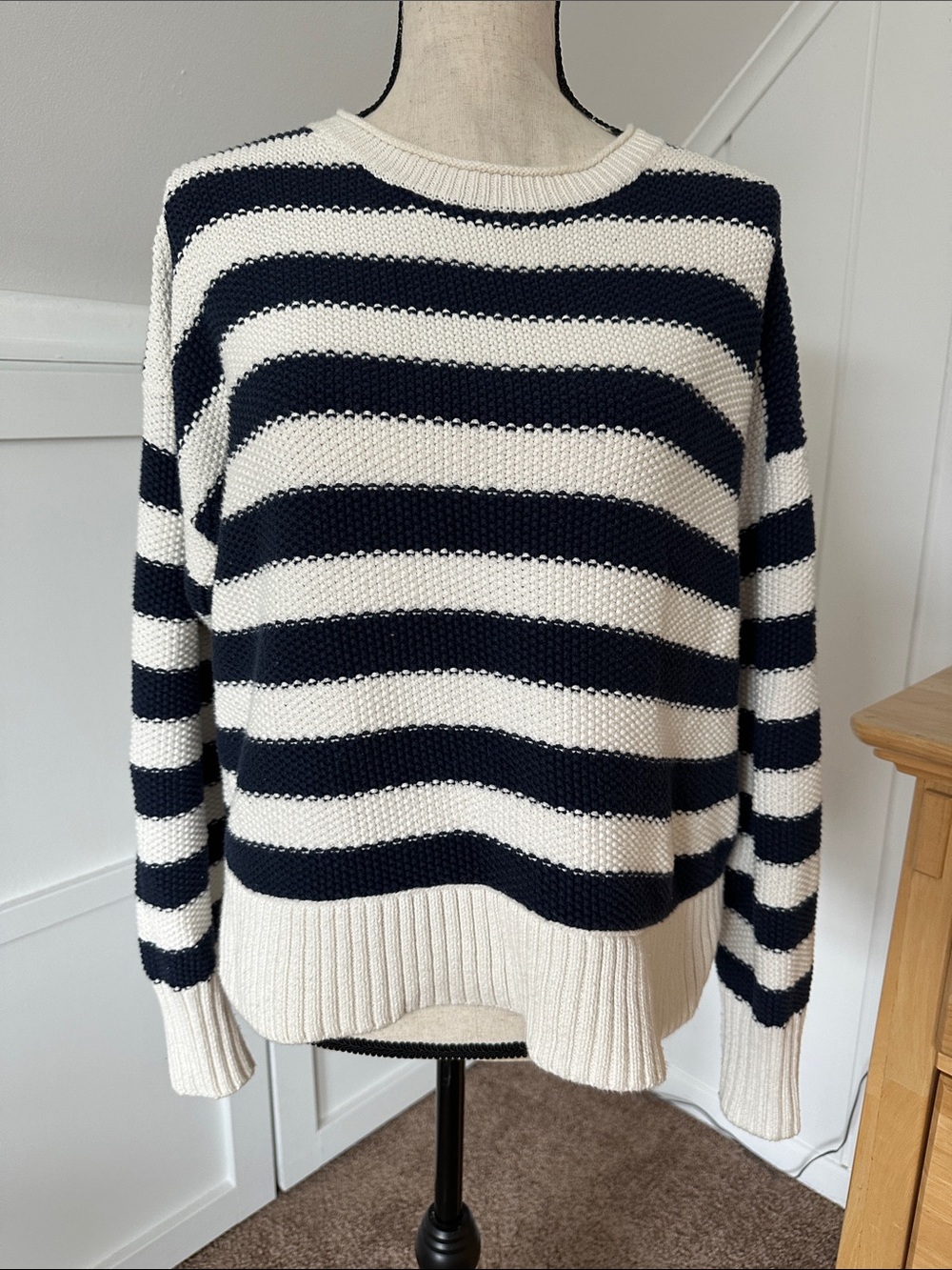 J. Crew Navy and Cream Striped Crewneck Sweater